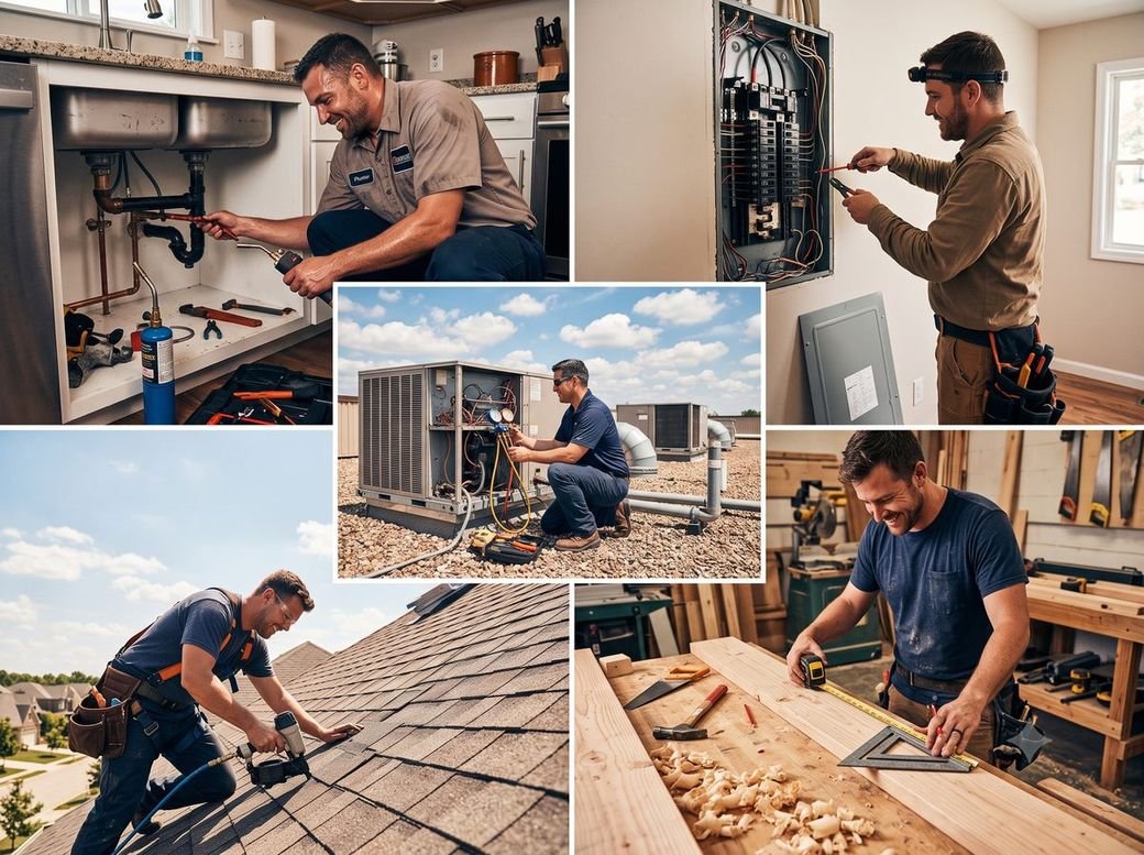 Plumber, electrician, HVAC technician, roofer and carpenter at work on job sites
